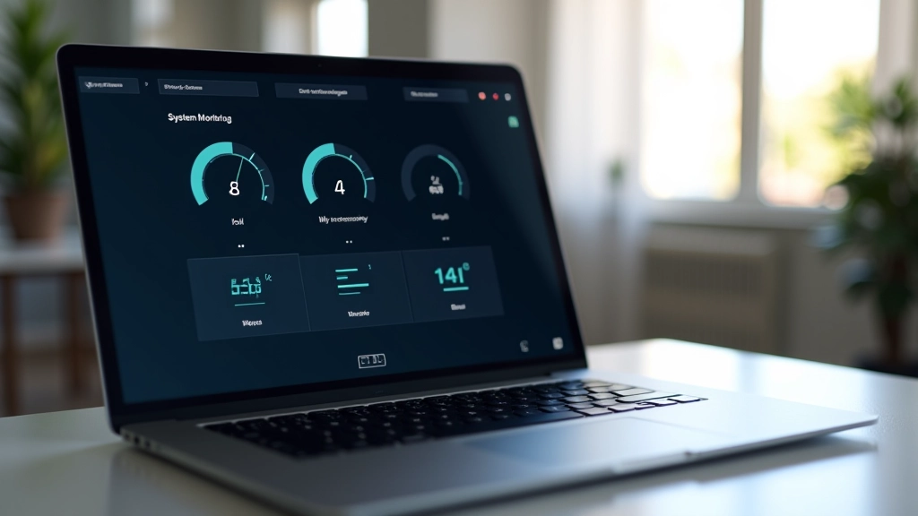 Laptop con aplicación de monitoreo en pantalla mostrando sensores de temperatura con iconografía visual clara